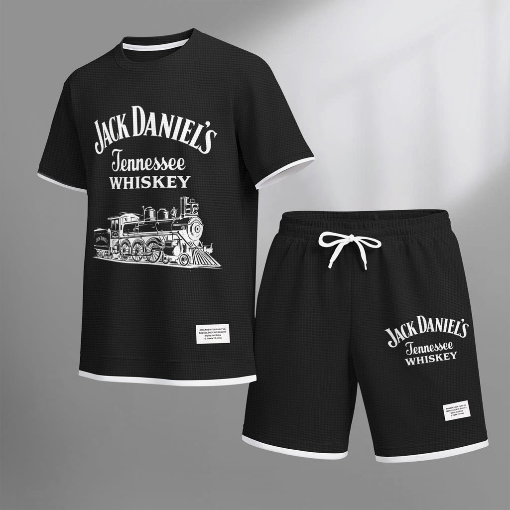 Men's Beer Print Drawstring Shorts Set, Suitable For Spring And Summer Wear, Casual Summer Set, Including Short-Sleeved Shirt And Shorts, Suitable For Everyday Wear And Sports.