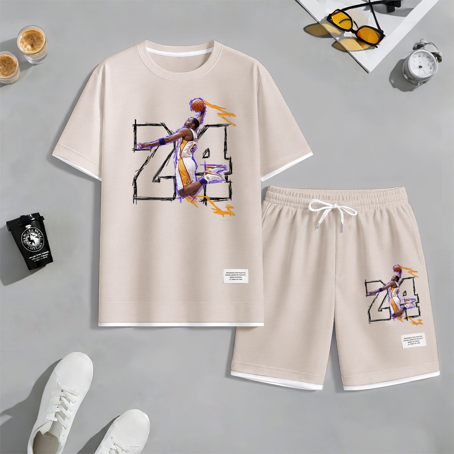 Men's No.24 Basketball Dunk Art Print Short Sleeve T-Shirt & Shorts Set, Summer Lightweight Waffle Sporty Casual Two-Piece Outfit, Streetwear for Basketball, Gym & Daily Wear