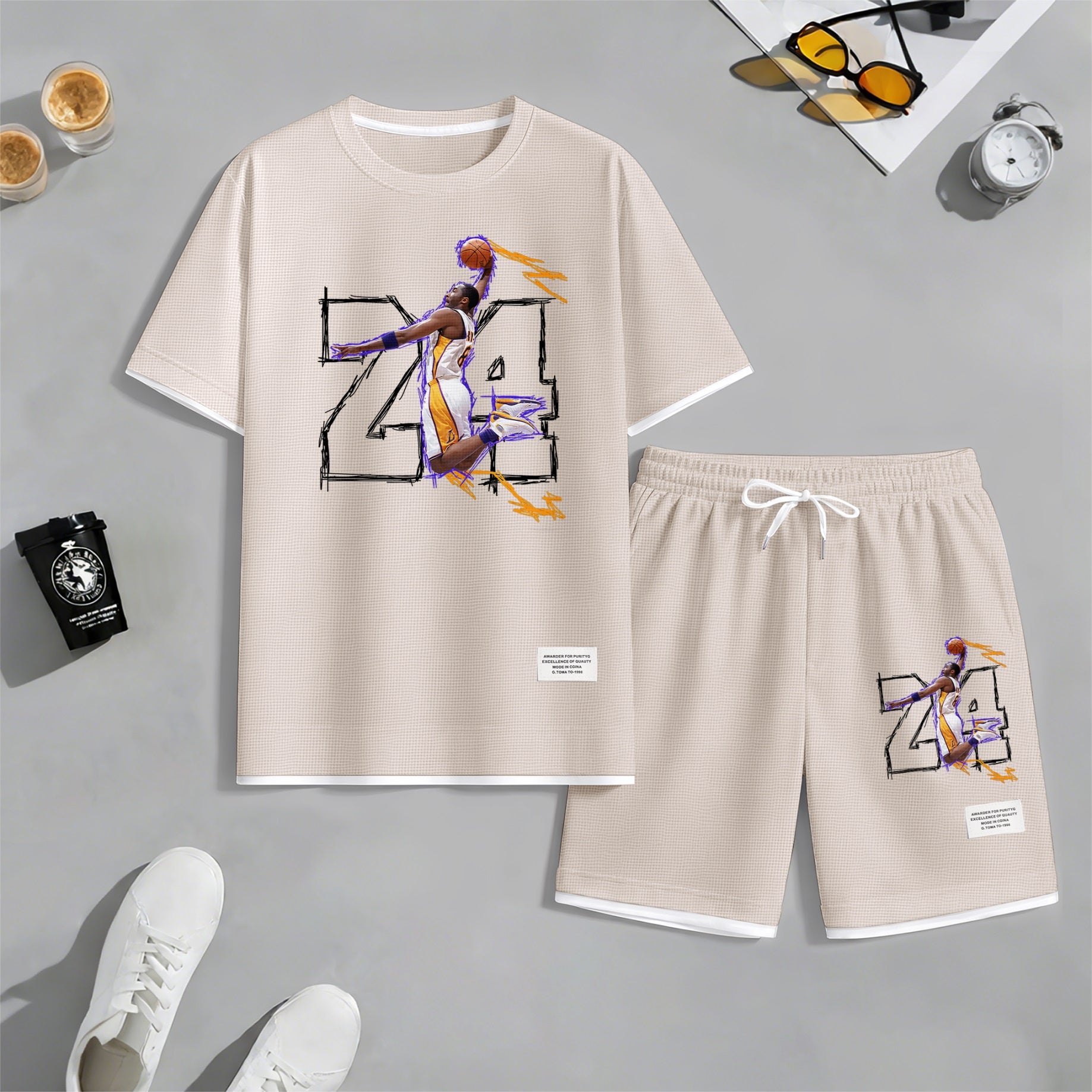 Men's No.24 Basketball Dunk Art Print Short Sleeve T-Shirt & Shorts Set, Summer Lightweight Waffle Sporty Casual Two-Piece Outfit, Streetwear for Basketball, Gym & Daily Wear