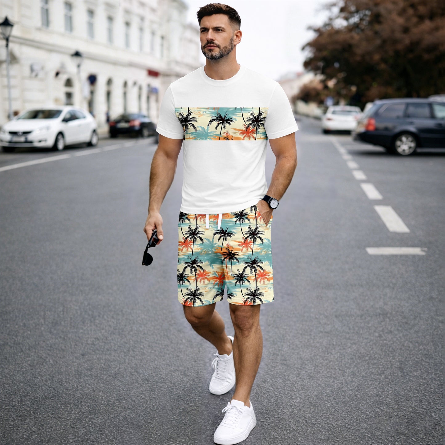 Men’s Beach Print Matching Set, Tropical Palm Graphic Short Sleeve Tee and Elastic Waist Shorts 2 Piece Outfit, Soft Breathable Summer Clothing for Vacation, Seaside Trips, Cruise, Holiday, Outdoor Leisure, and Everyday Wear