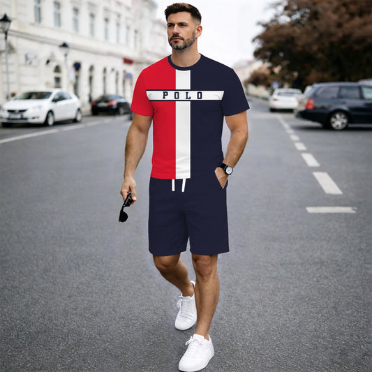 Men’s Casual Short Sleeve T Shirt and Shorts Set, Red White Blue Color Block Summer 2 Piece Outfit, Soft Breathable Matching Set for Beach, Outdoor Activities, Travel, Workout, and Everyday Style