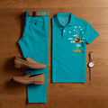 Men's Casual Solid Blue Green Geitar Printed Short Sleeved Polo Shirt & Trousers Two-Piece Set