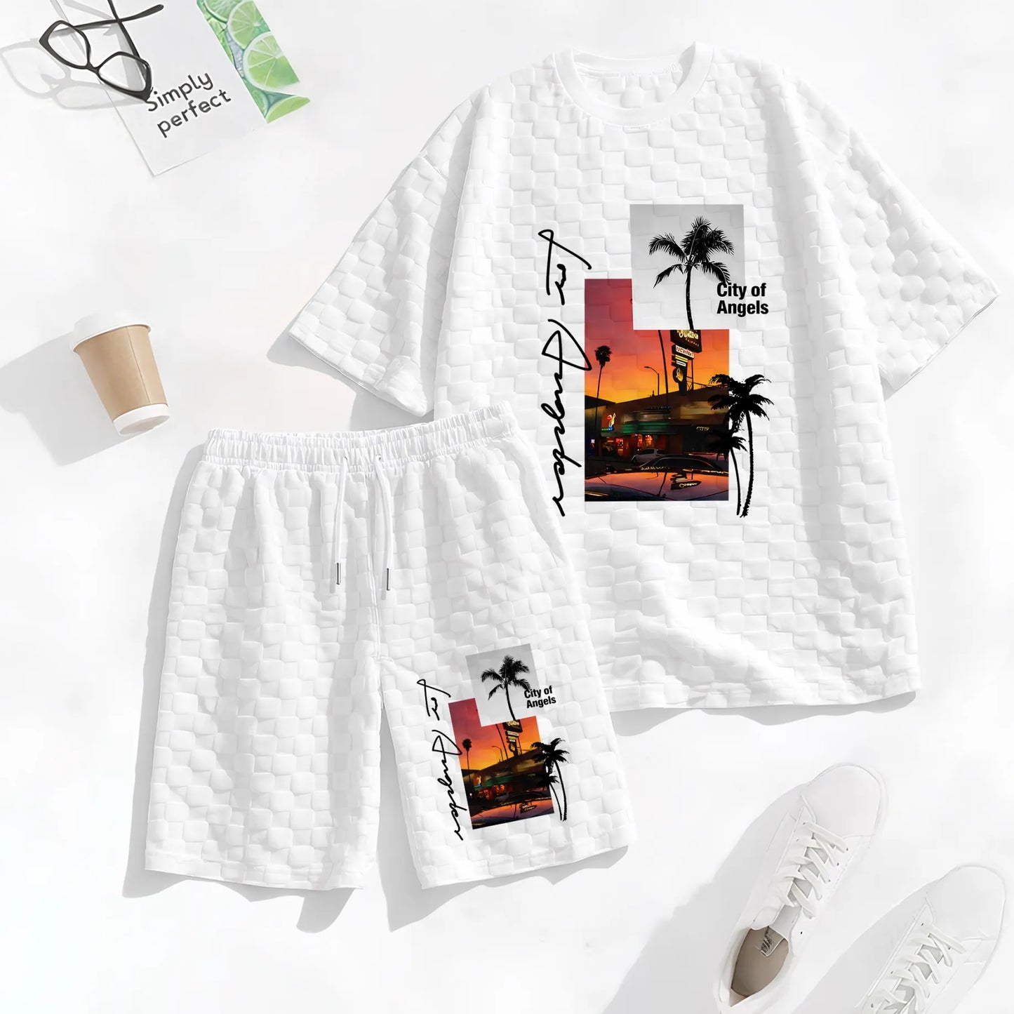 Men's Resort Graphic Print Spring And Summer Drawstring Shorts Set, A Casual Summer Outfit, Including A Short-Sleeved Shirt And Shorts, Suitable For Everyday Wear And Sports Activities.