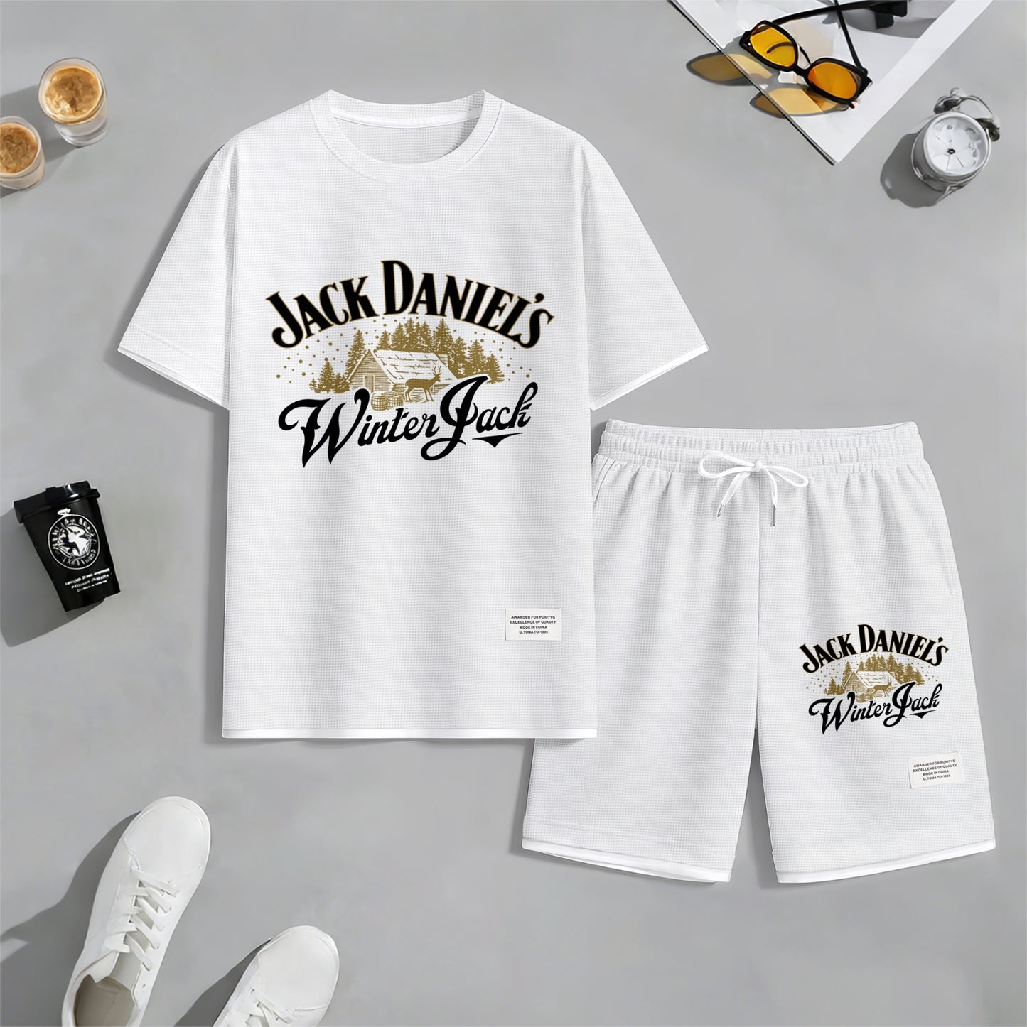 Men's Beer And Beverage Printed Drawstring Shorts Set, Suitable For Spring And Summer Wear, Casual Summer Set, Including Short-Sleeved Shirt And Shorts, Suitable For Everyday Wear And Sports 010