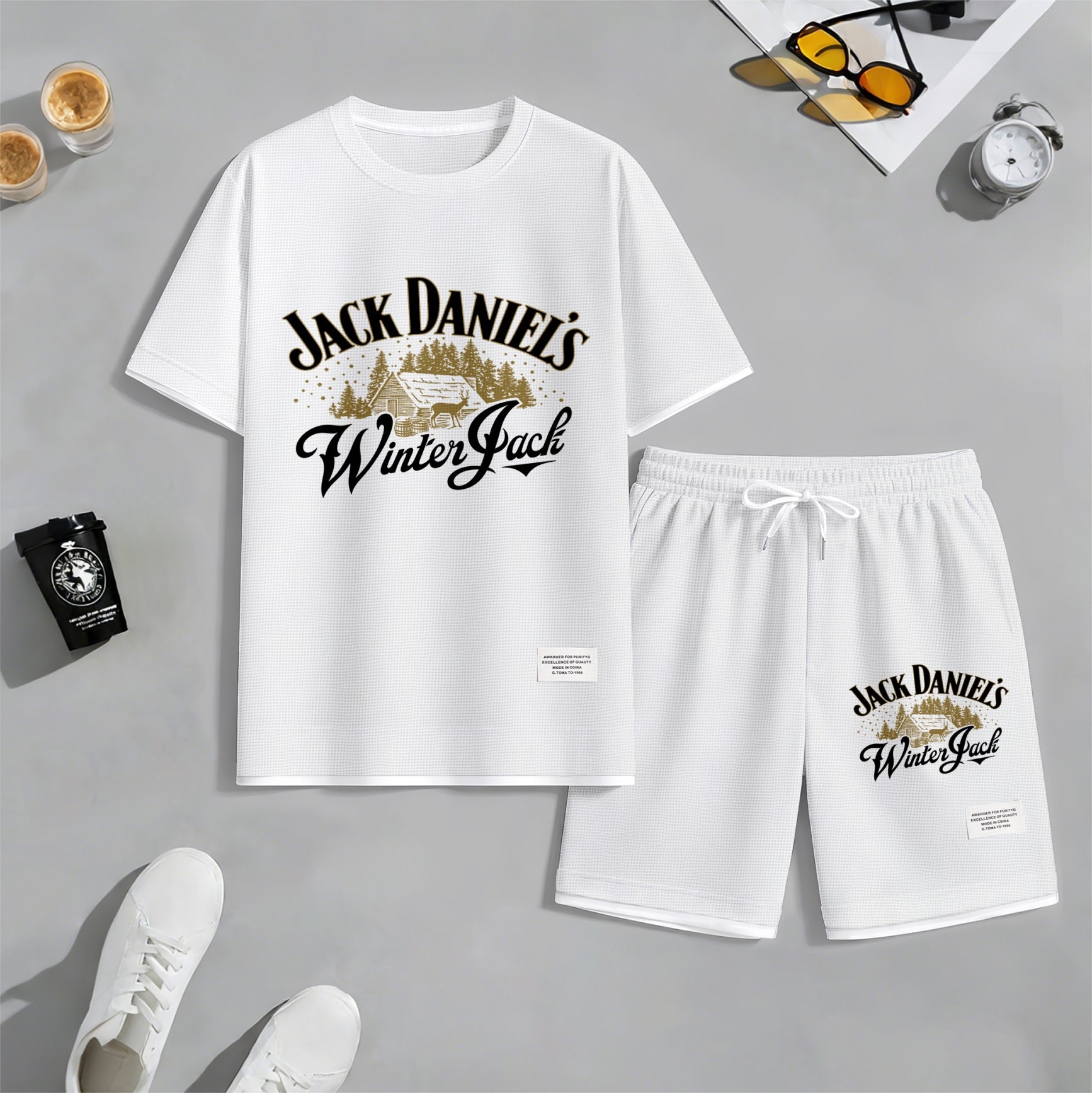Men's Beer And Beverage Printed Drawstring Shorts Set, Suitable For Spring And Summer Wear, Casual Summer Set, Including Short-Sleeved Shirt And Shorts, Suitable For Everyday Wear And Sports 010