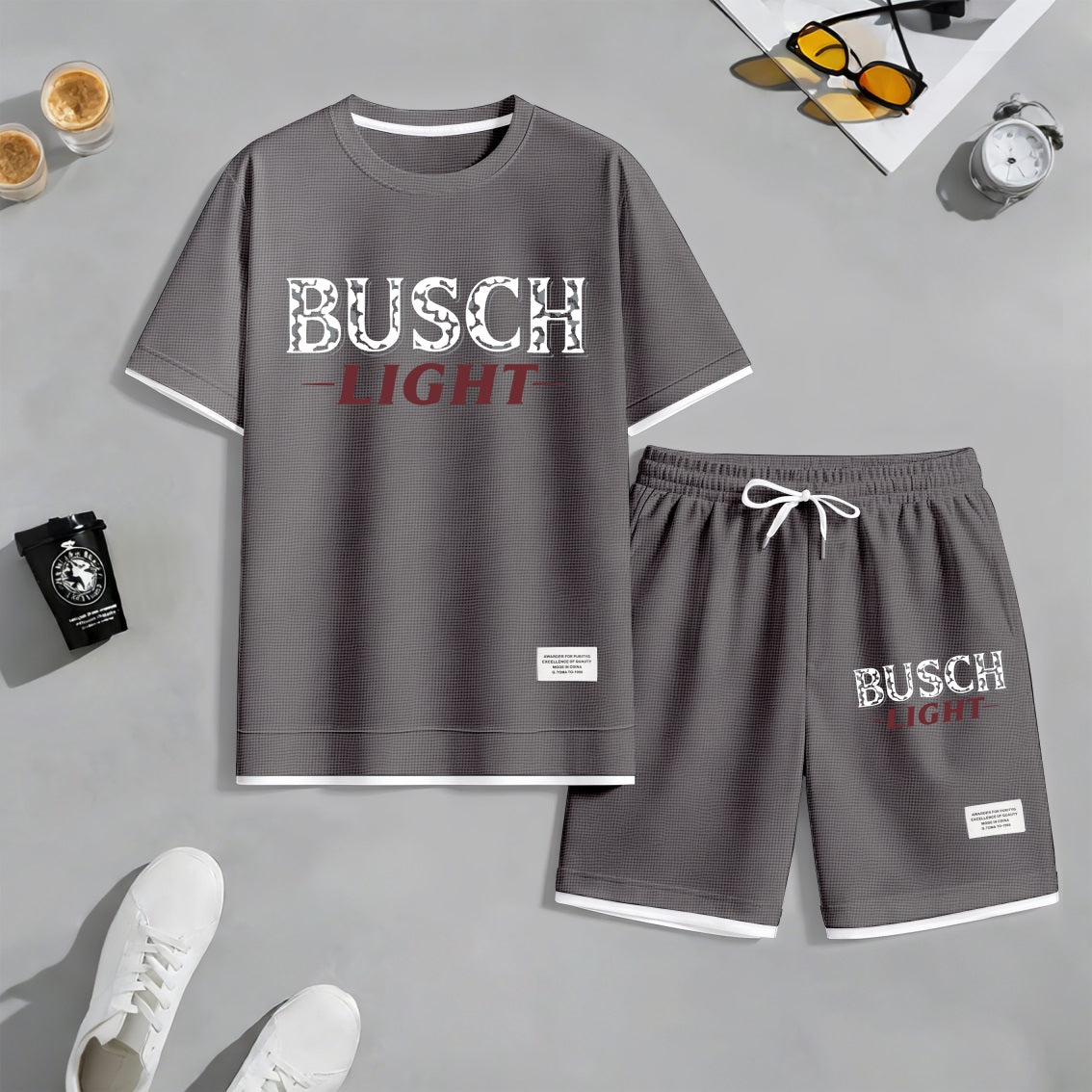 Men's Camping Beer Print Waffle Fabric Short-Sleeved Shirt And Shorts Set