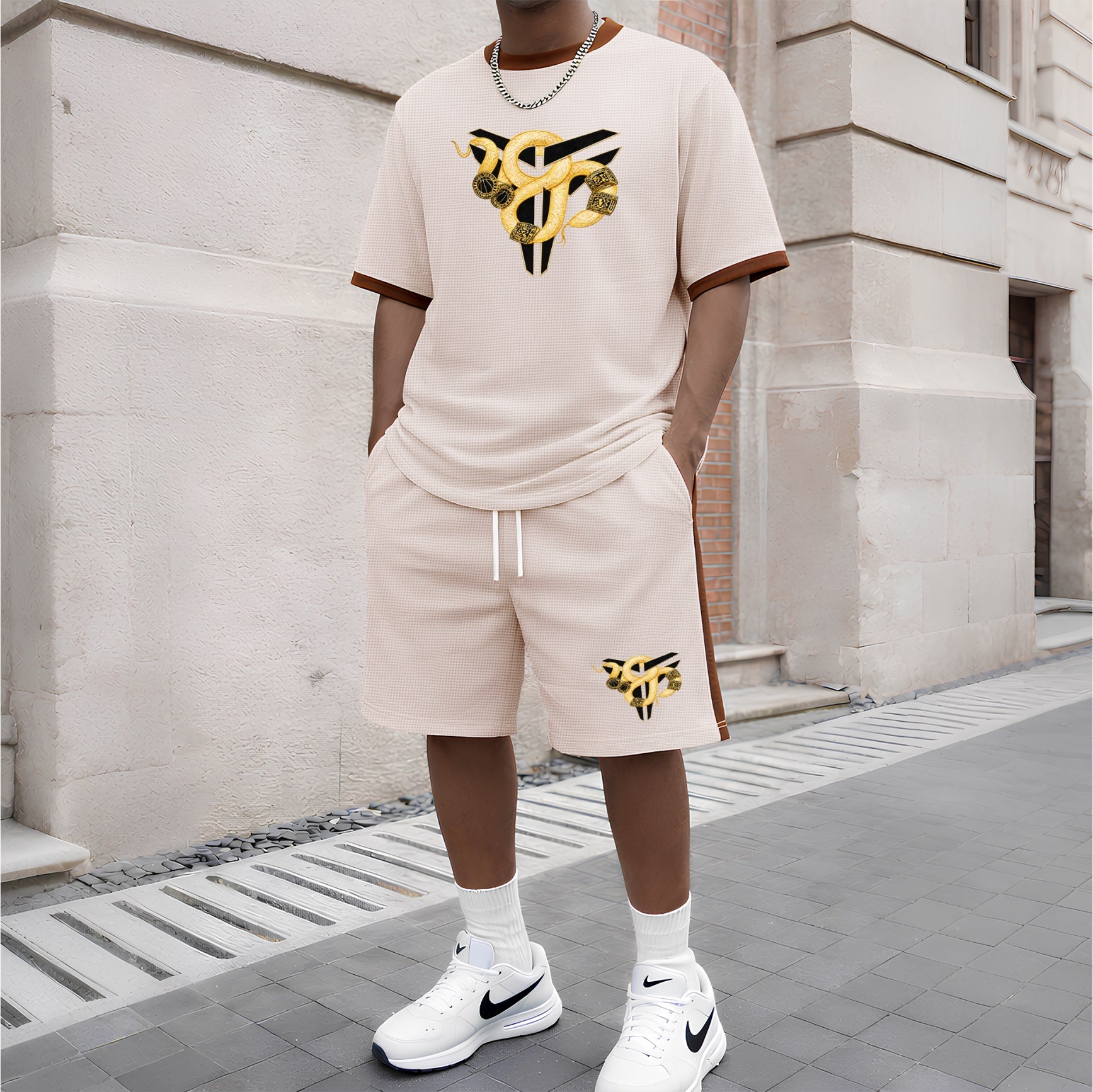 Men's Patterned Short-Sleeved T-Shirt And Drawstring Shorts Set, Men's Clothing, Casual Sports Short-Sleeved Top And Shorts, Men's Summer Everyday Wear, Indoor And Outdoor Sportswear, Sports Set.