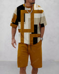 Men's Summer Colorblock Printed Round Neck Suit 058