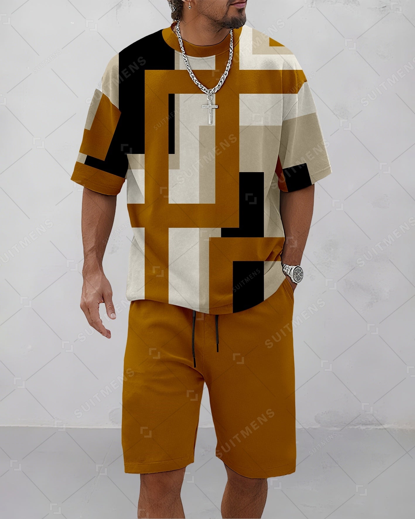 Men's Summer Colorblock Printed Round Neck Suit 058