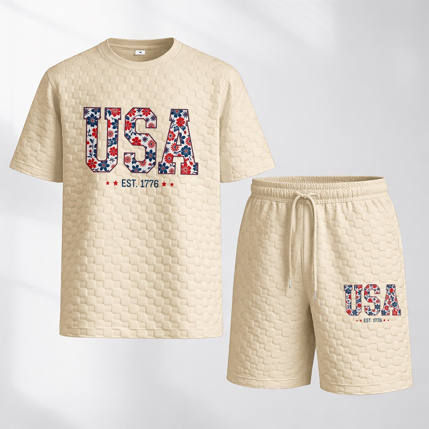 Men's Spring/Summer USA-Print Plaid Drawstring Shorts Set—A casual summer outfit featuring a short-sleeve shirt and shorts, ideal for both everyday wear and athletic activities
