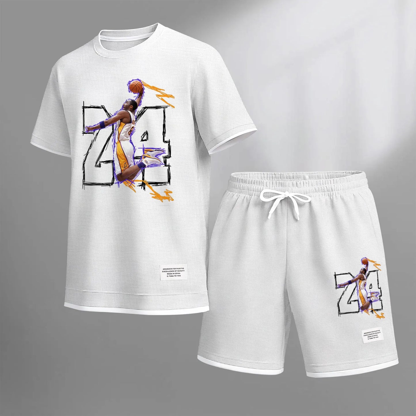 Men's No.24 Basketball Dunk Art Print Short Sleeve T-Shirt & Shorts Set, Summer Lightweight Waffle Sporty Casual Two-Piece Outfit, Streetwear for Basketball, Gym & Daily Wear