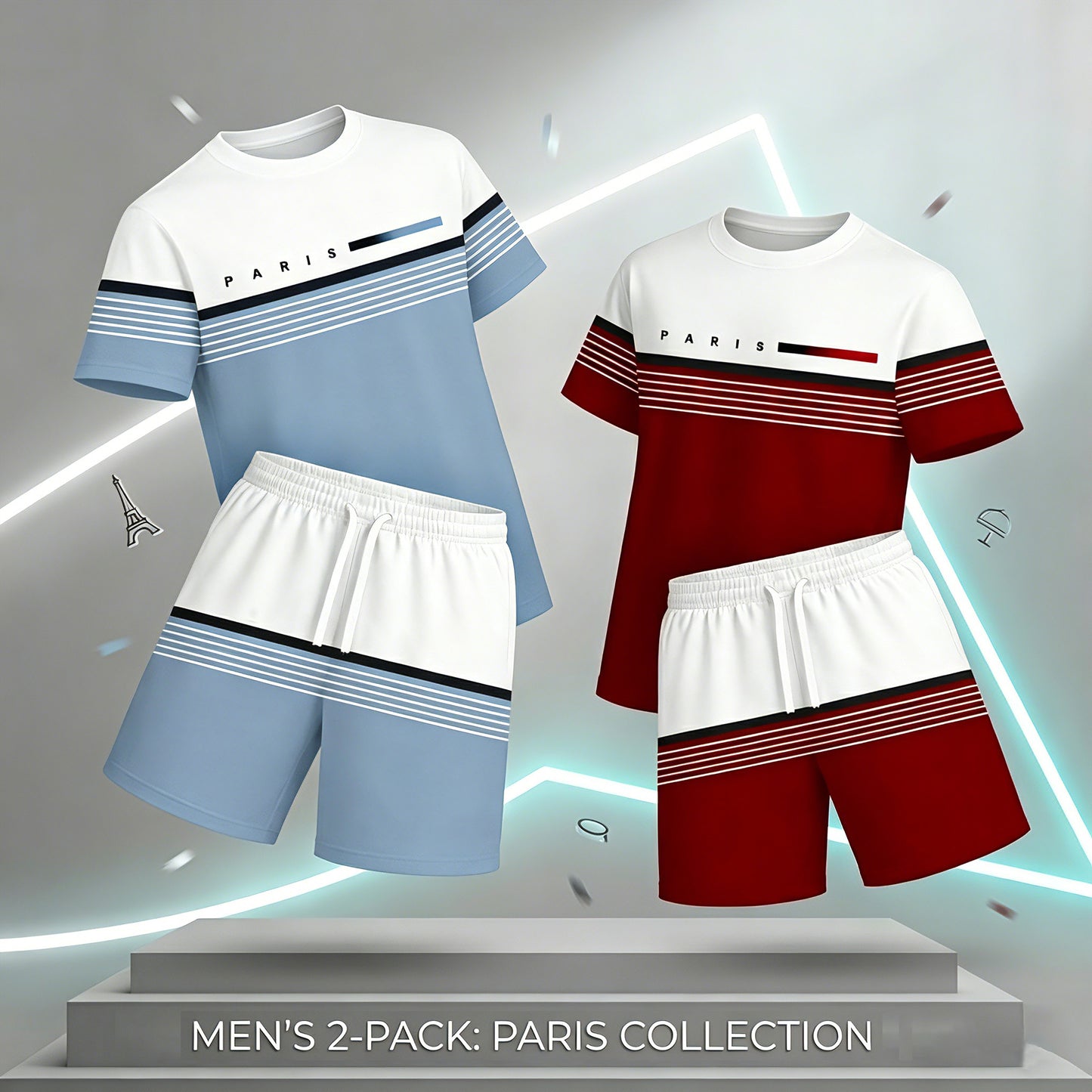 Men’s Summer 2 Pack T Shirt and Shorts Sets, Paris Stripe Graphic Short Sleeve Tops with Drawstring Shorts, Soft Breathable Matching Outfits for Beach, Outdoor Activities, Vacation, Streetwear, and Everyday Style