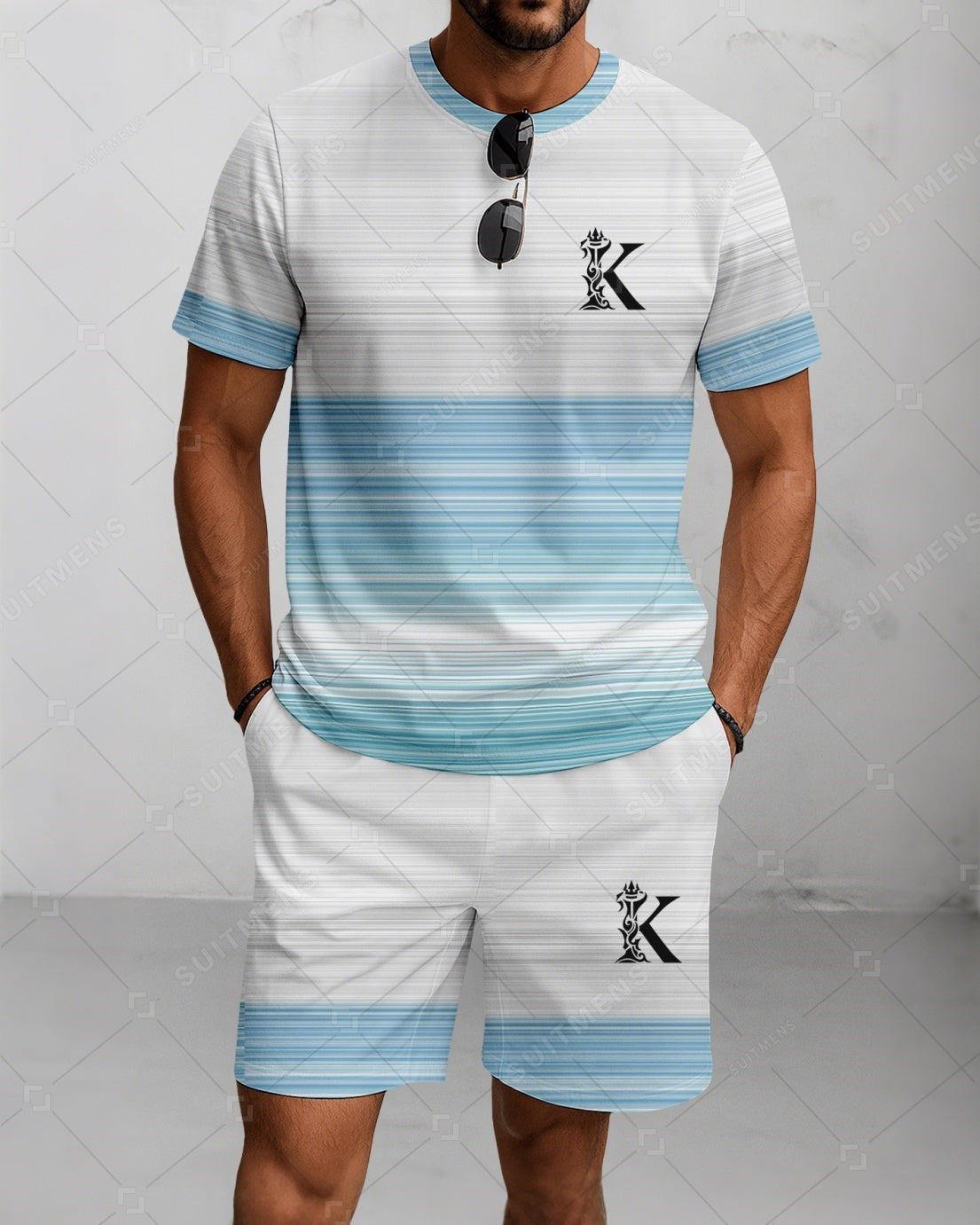 Men's Summer Colorblock Printed Round Neck Suit 078