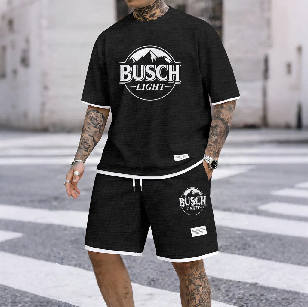 Men's Light Beer Lover Print Waffle Fabric Short-Sleeved Shirt And Shorts Set