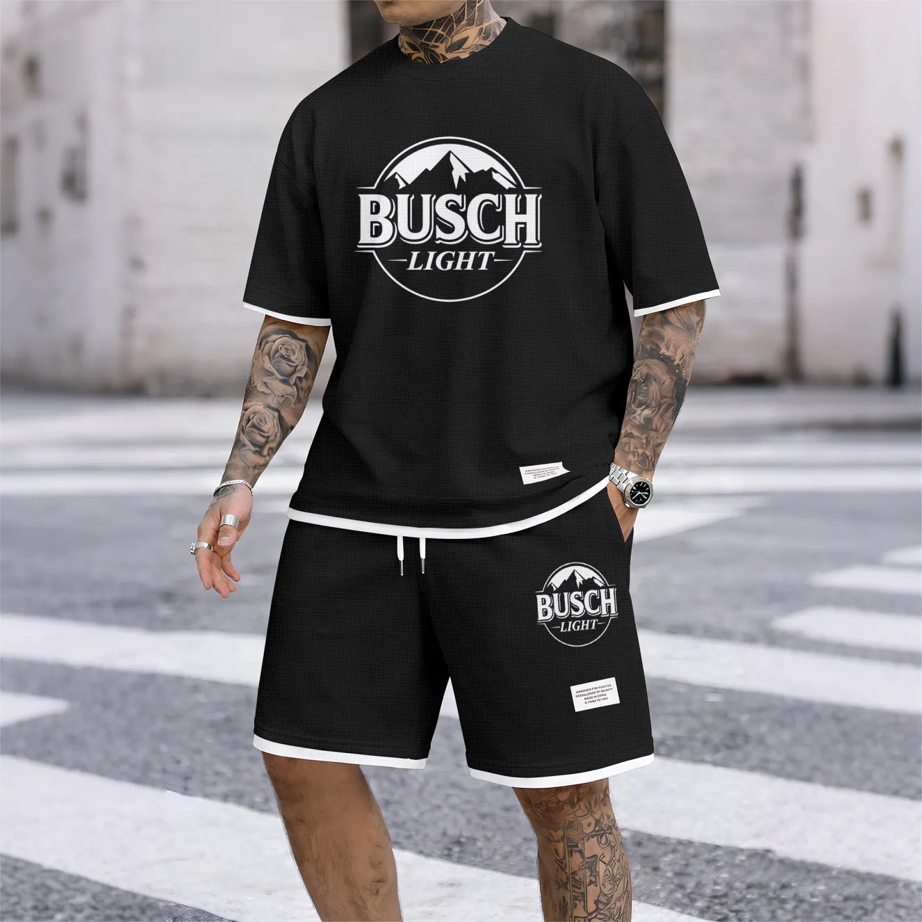 Men's Light Beer Lover Print Waffle Fabric Short-Sleeved Shirt And Shorts Set