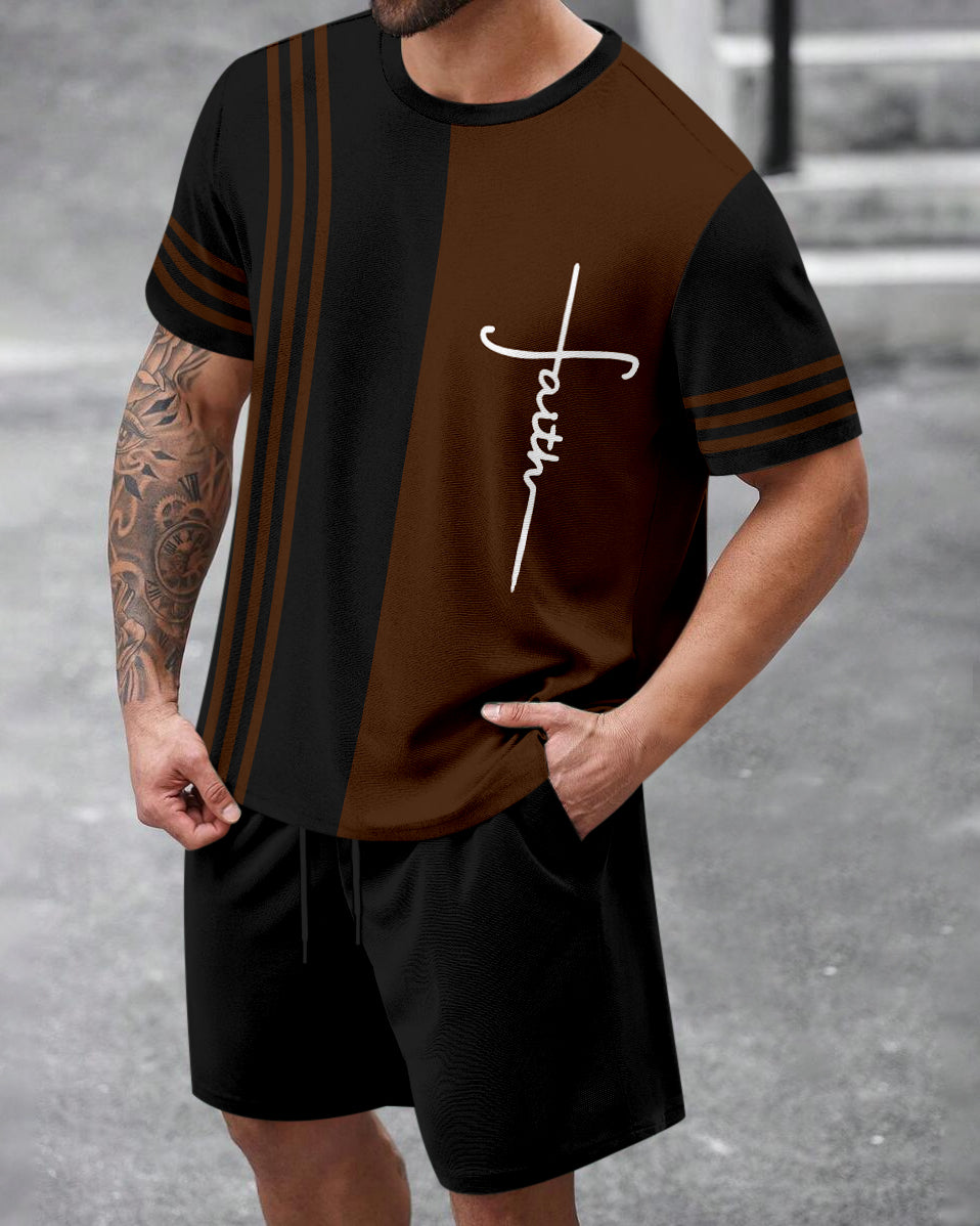 Men's Summer Colorblock Printed Round Neck Set 472