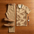 Men's Casual Khaki Scenery Printed Polo Shirt And Pants Two-Piece Set