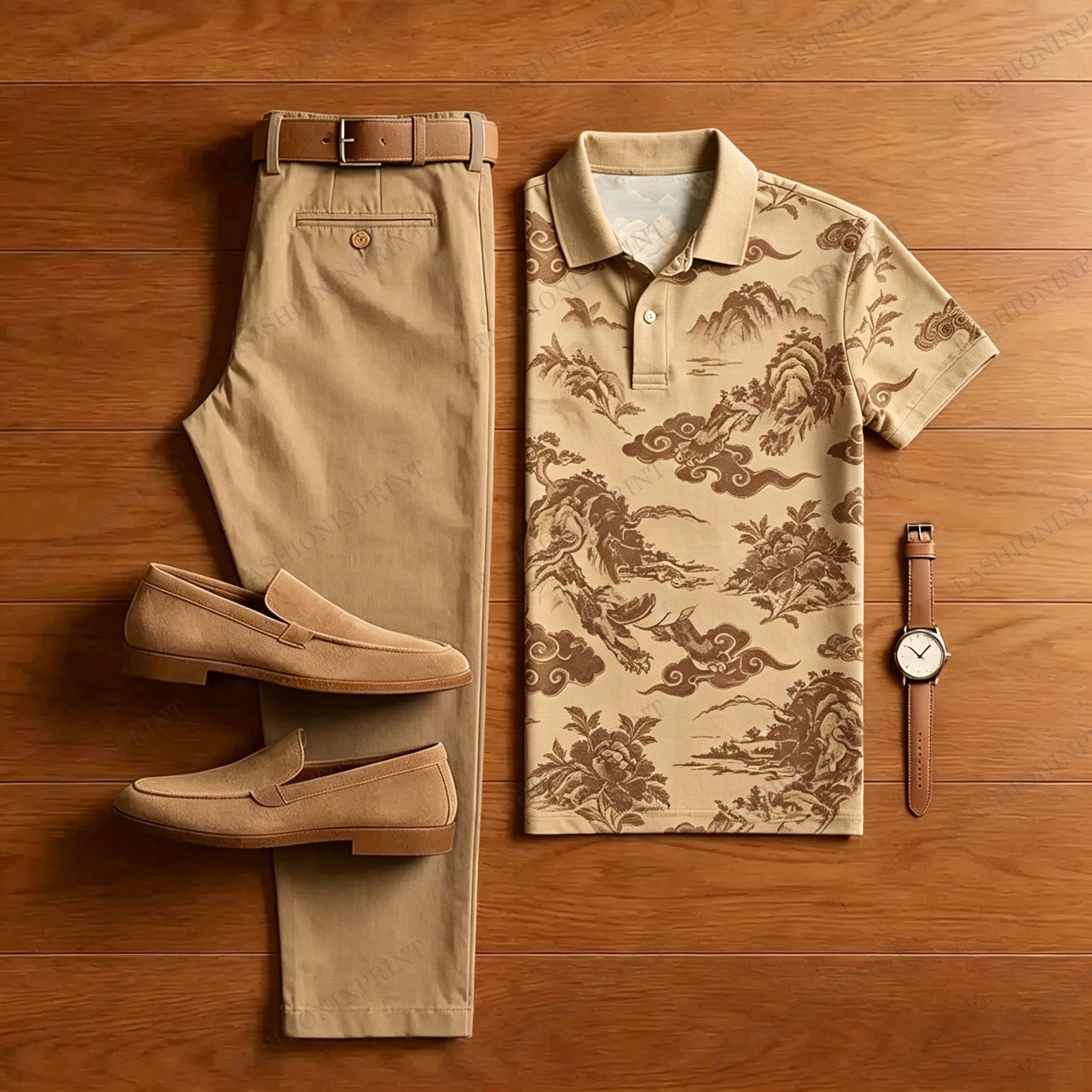 Men's Casual Khaki Scenery Printed Polo Shirt And Pants Two-Piece Set