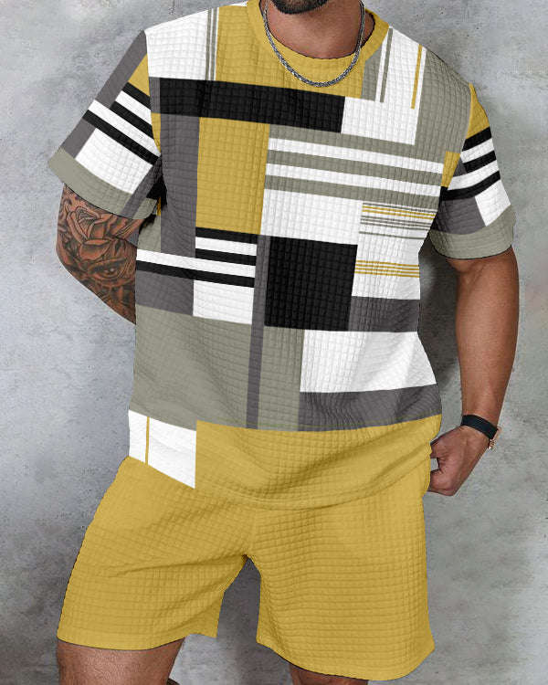 Men's textured waffle texture printed shorts Set 011