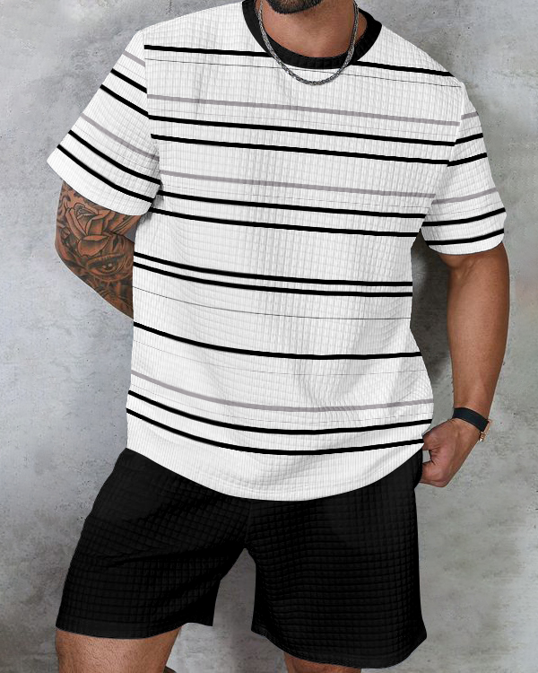 Men's textured waffle texture printed shorts Set 006