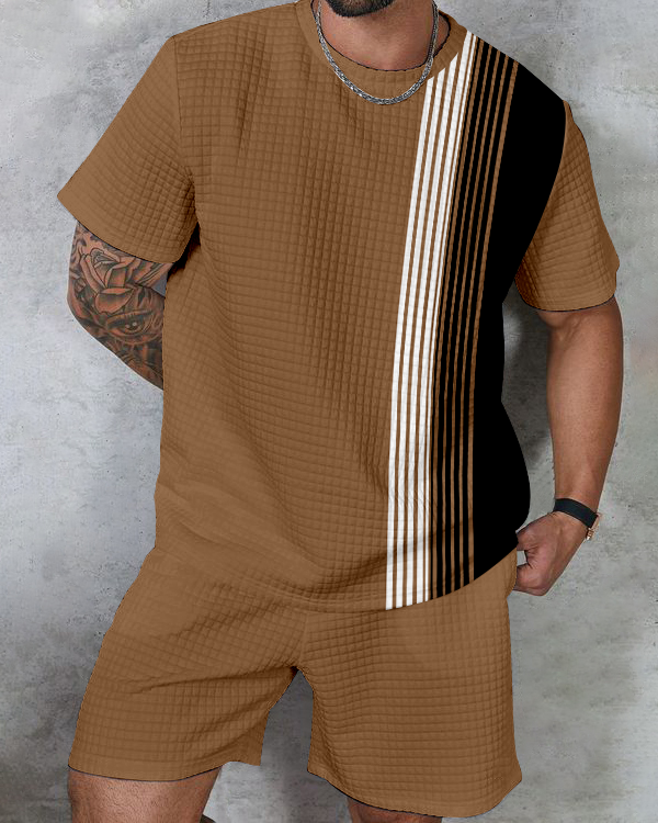 Men's textured waffle texture printed shorts Set 010