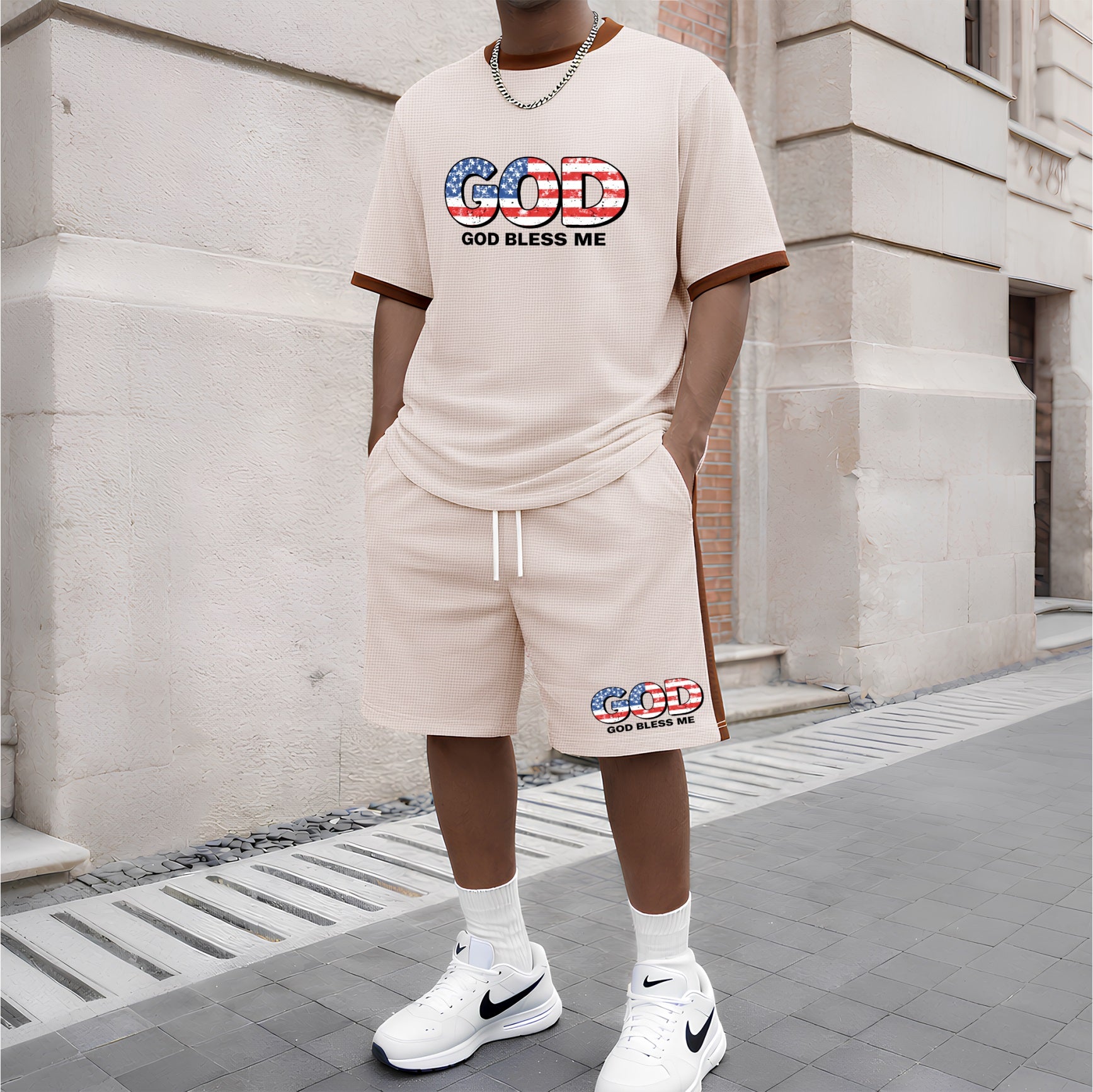 Men's God Graphic Short-Sleeved T-Shirt And Drawstring Shorts Set, Men's Clothing, Casual Sports Short-Sleeved Top And Shorts, Men's Summer Everyday Wear, Indoor And Outdoor Sportswear, Sports Set.
