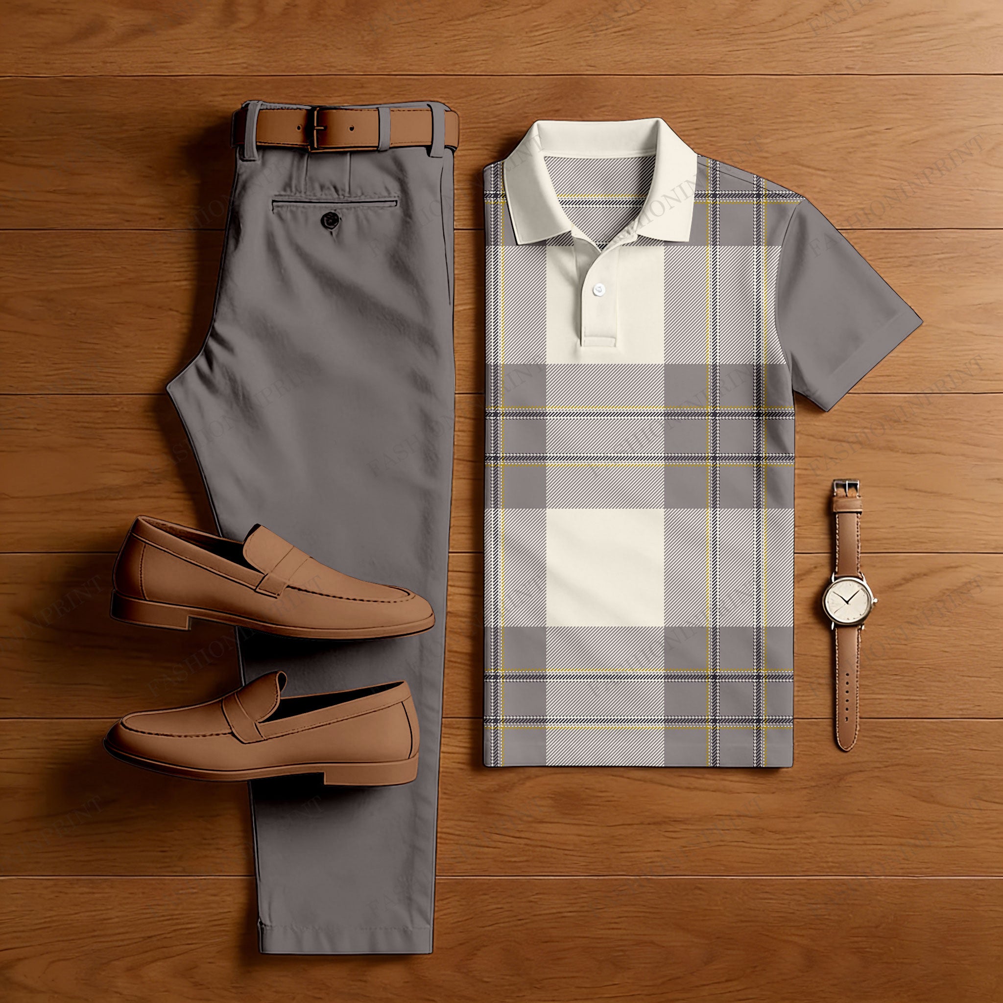 Men's Casual Brown Plaid Printed Polo Shirt And Pants Two-Piece Set205187
