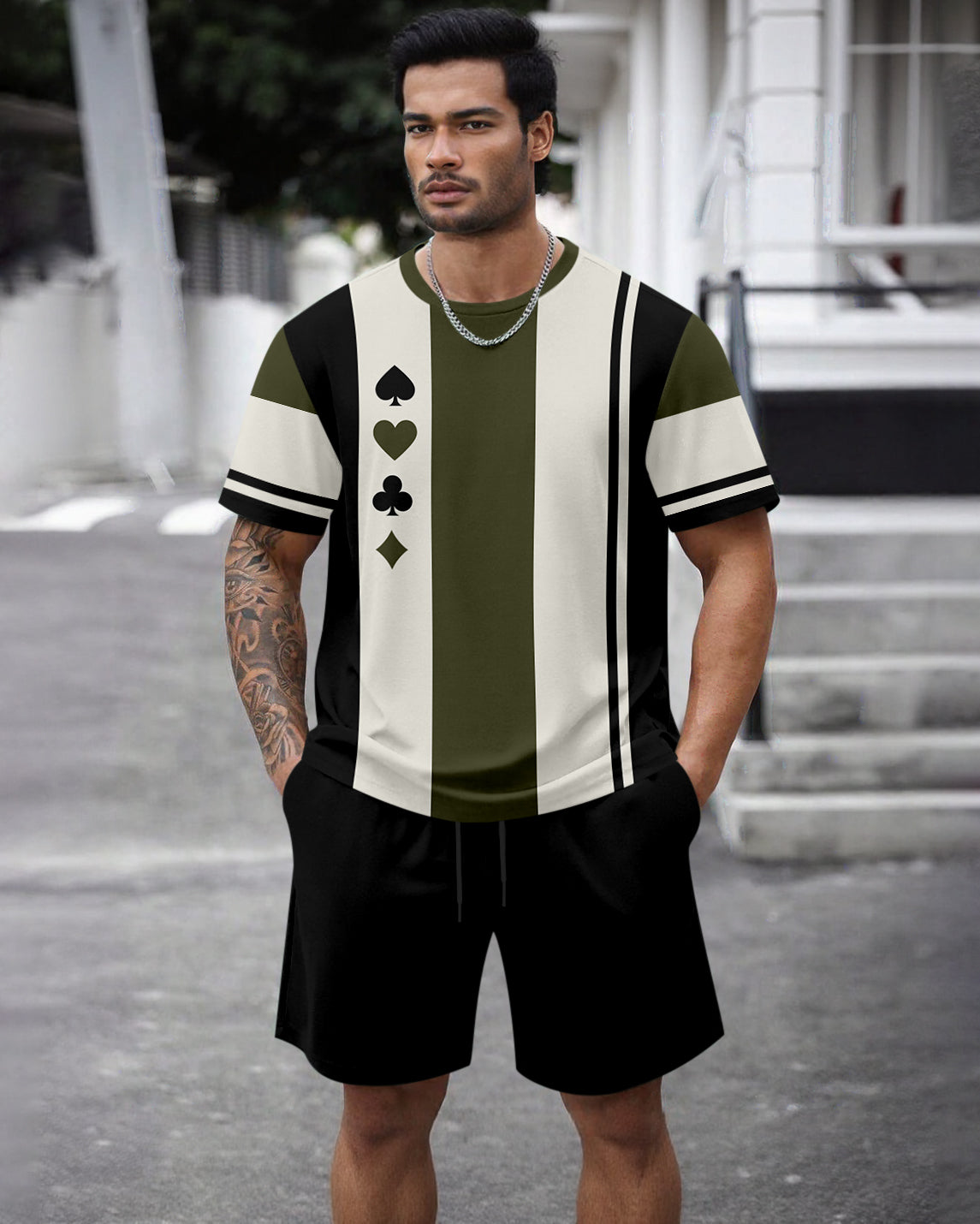 Men's Summer Colorblock Printed Round Neck Set 475