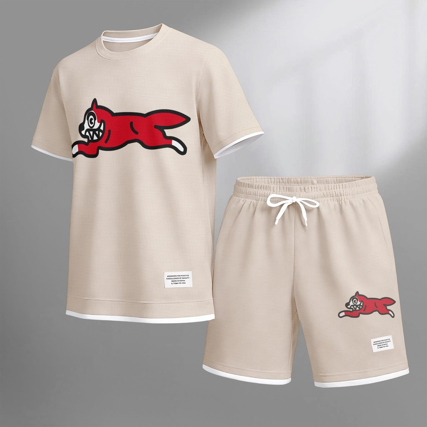 Men's Running Dog print drawstring shorts set for spring/summer, a casual summer outfit including a short-sleeved shirt and shorts, suitable for everyday wear and sports. A two-piece set for a relaxed and energetic lifestyle.