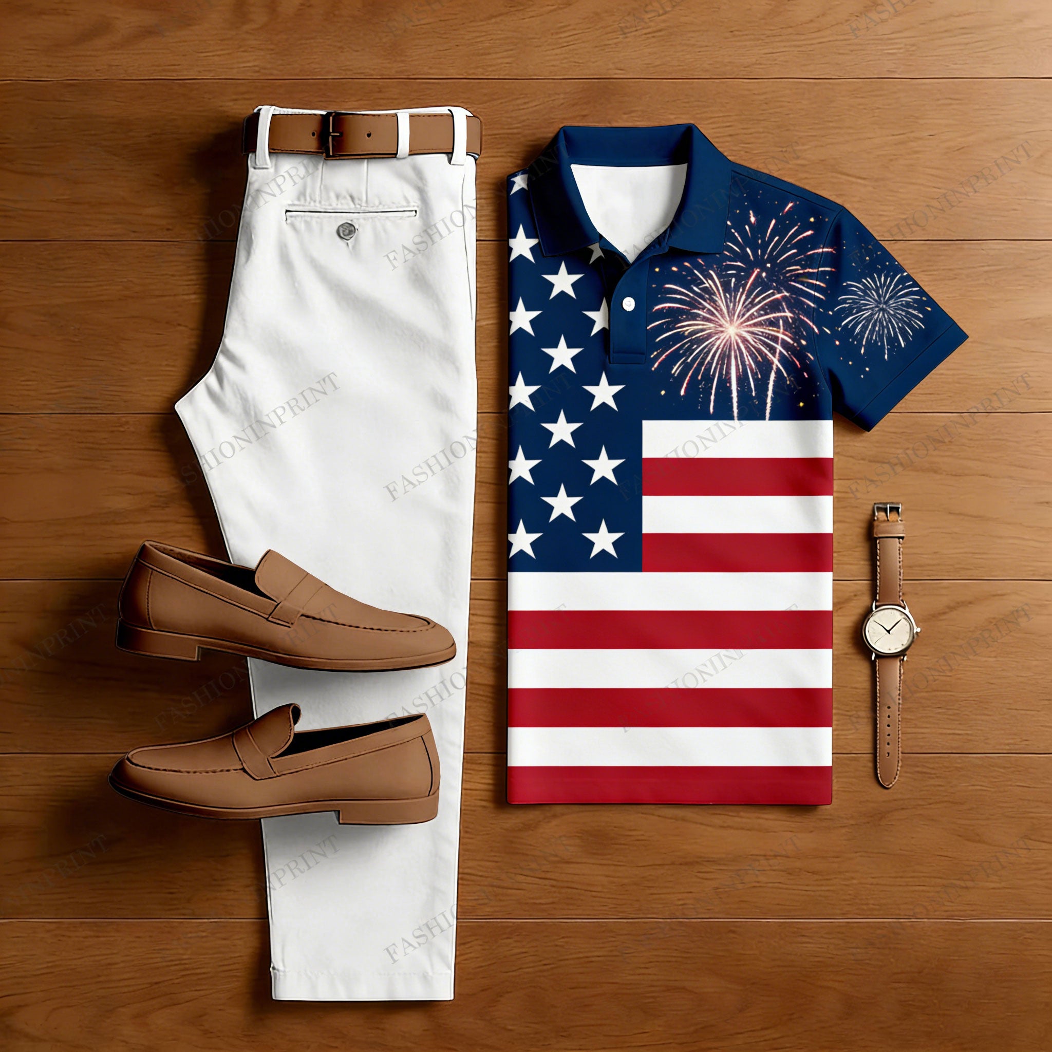 Men's 250Th Anniversary Navy Blue & White Color Matching Printed Short Sleeved Polo Shirt & Trousers Two-Piece Set