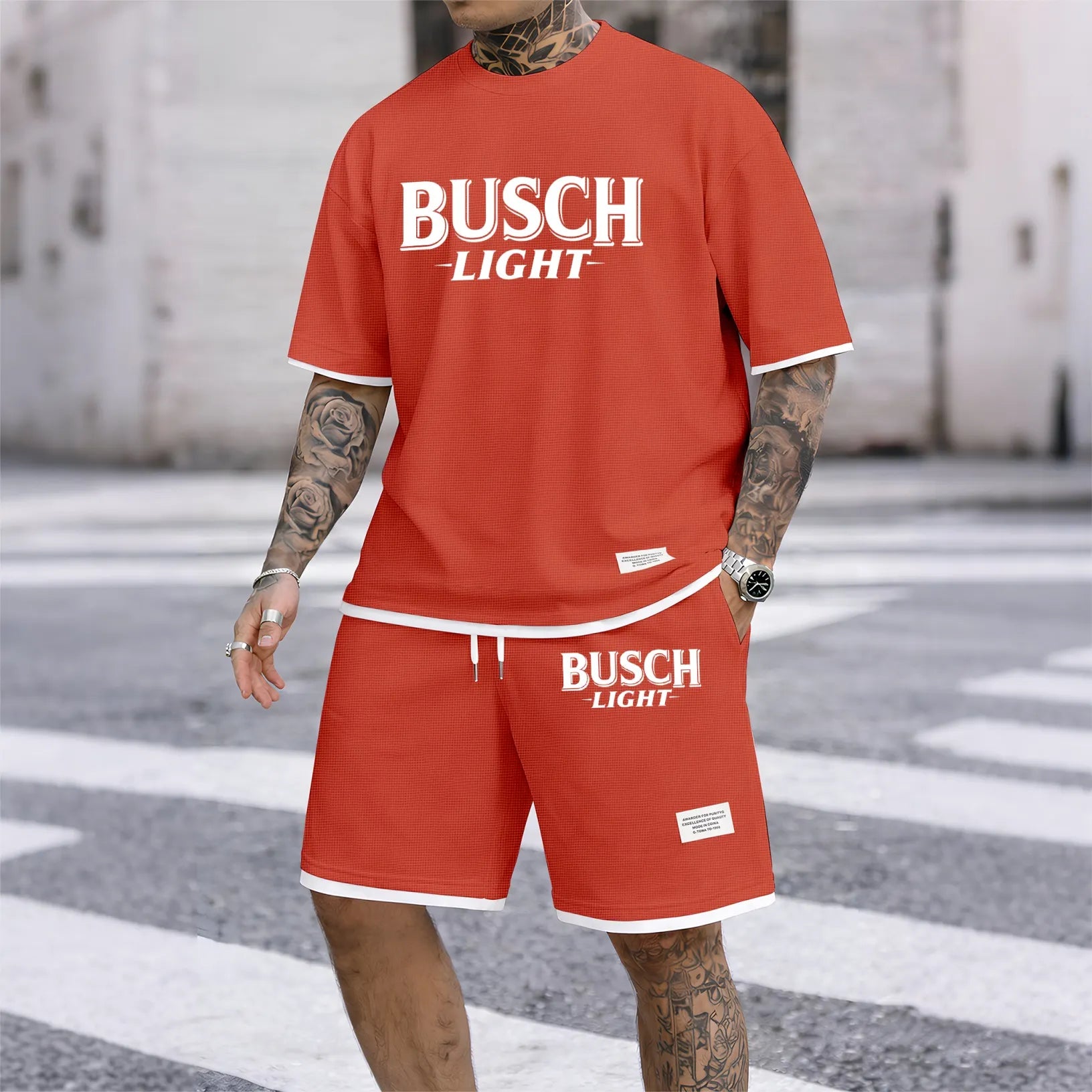 Men's vintage beverage print drawstring shorts set, suitable for spring and summer wear. This casual summer set includes a short-sleeved shirt and shorts, perfect for everyday wear and sports. Two-piece set design.