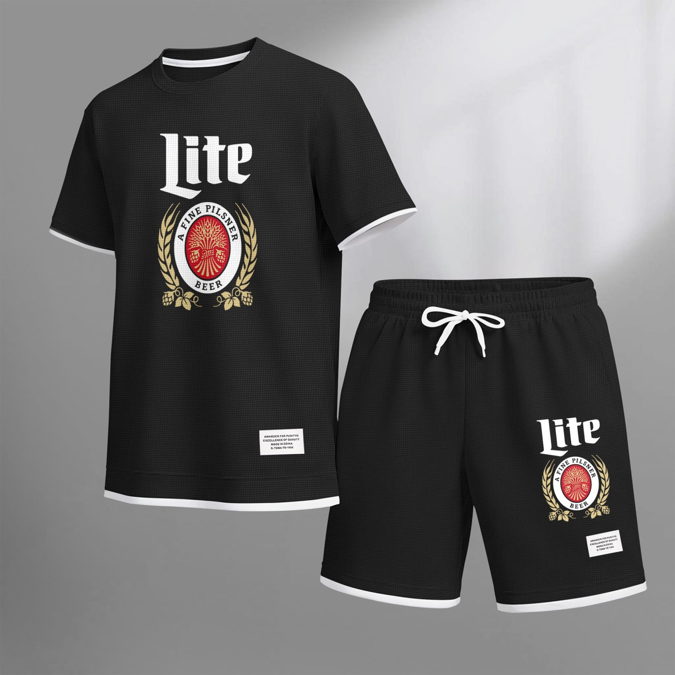 Men's Refreshing Beer Print Waffle Fabric Short-Sleeved Shirt And Shorts Set