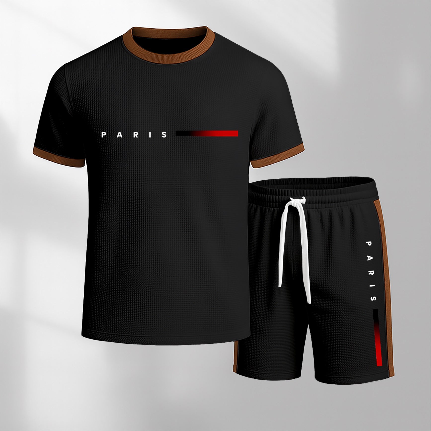 Men's Paris Print Short-Sleeved T-Shirt And Drawstring Shorts Set, Men's Casual Sportswear, Short-Sleeved Top And Shorts, Suitable For Summer Daily Wear, Indoor And Outdoor Sports, Athletic Set.