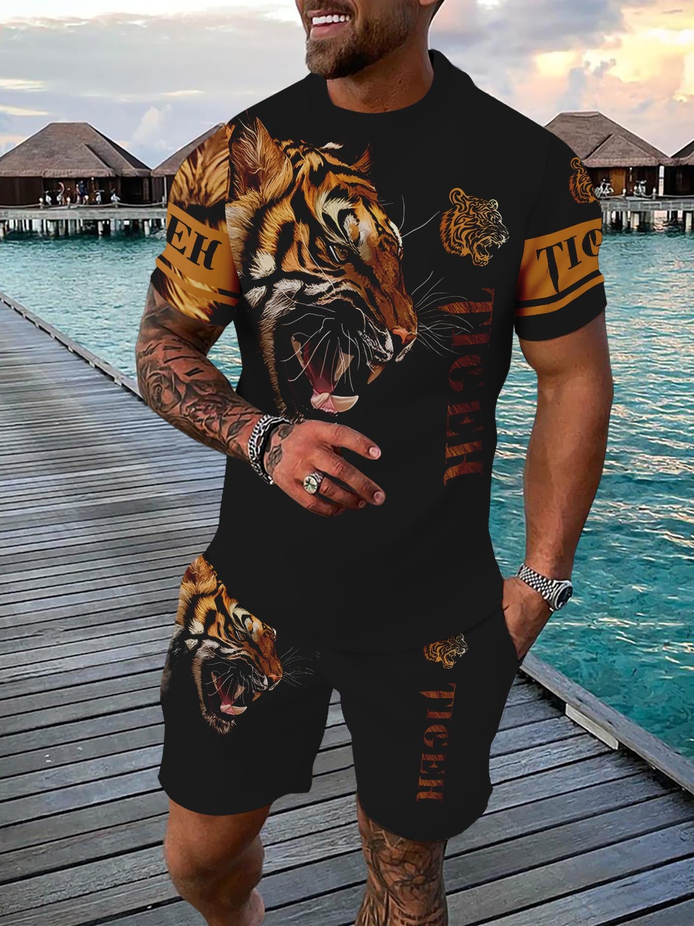 Men's Summer Animal Print Round Neck Set 948
