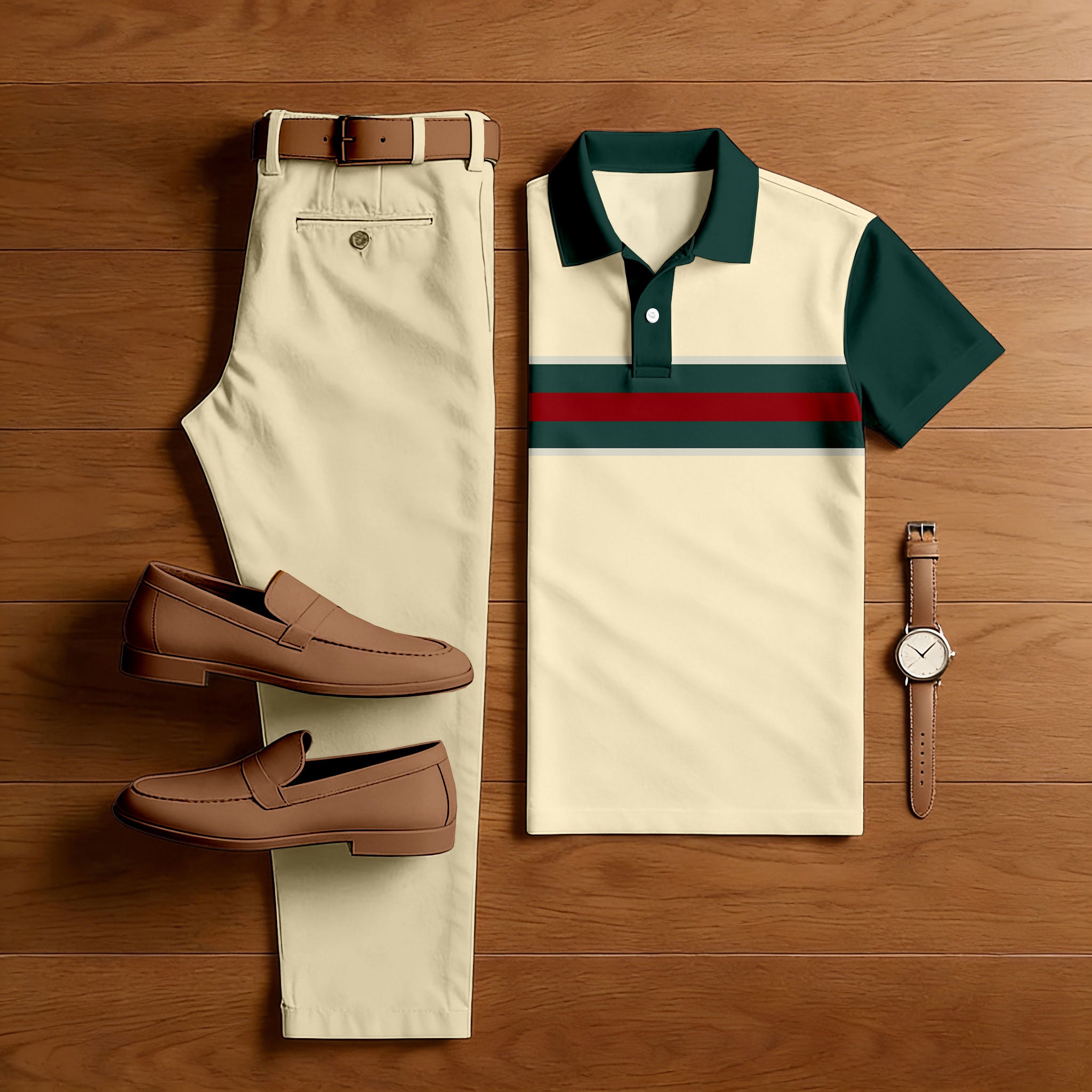 Men's Casual Light Yellow & Green Color Matching Printed Short Sleeved Polo Shirt & Trousers Two-Piece Set 200201