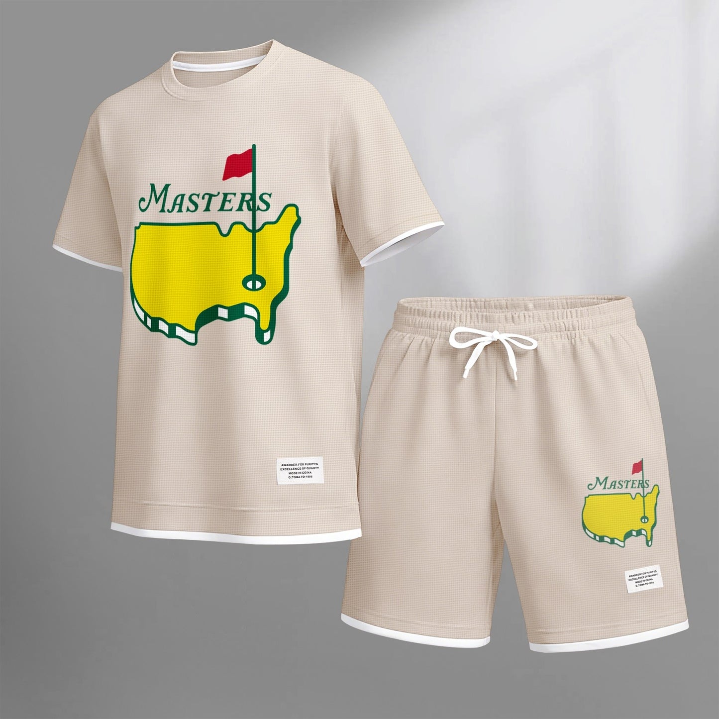 Men's Classic Golf Club print drawstring shorts set for spring/summer, a casual summer outfit including a short-sleeved shirt and shorts, suitable for everyday wear and sports. A two-piece set for a relaxed and energetic lifestyle.
