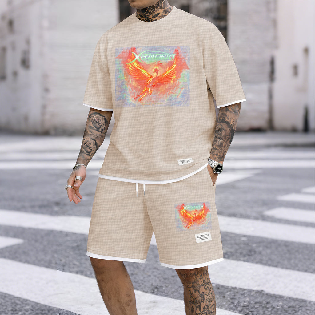 Men's Phoenix Graphic Print Short Sleeve Shirt and Drawstring Shorts Set, Casual Summer Two-Piece Outfit, Lightweight Breathable Relaxed Fit Athletic Set for Daily Wear, Beach, Vacation, Travel and Loungewear