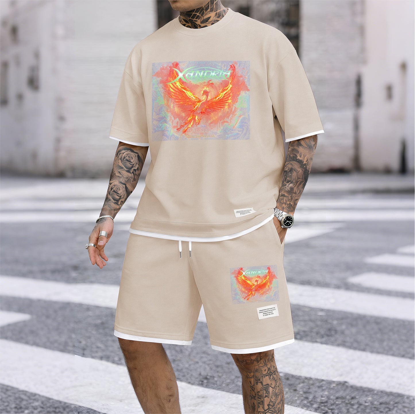 Men's Phoenix Graphic Print Short Sleeve Shirt and Drawstring Shorts Set, Casual Summer Two-Piece Outfit, Lightweight Breathable Relaxed Fit Athletic Set for Daily Wear, Beach, Vacation, Travel and Loungewear