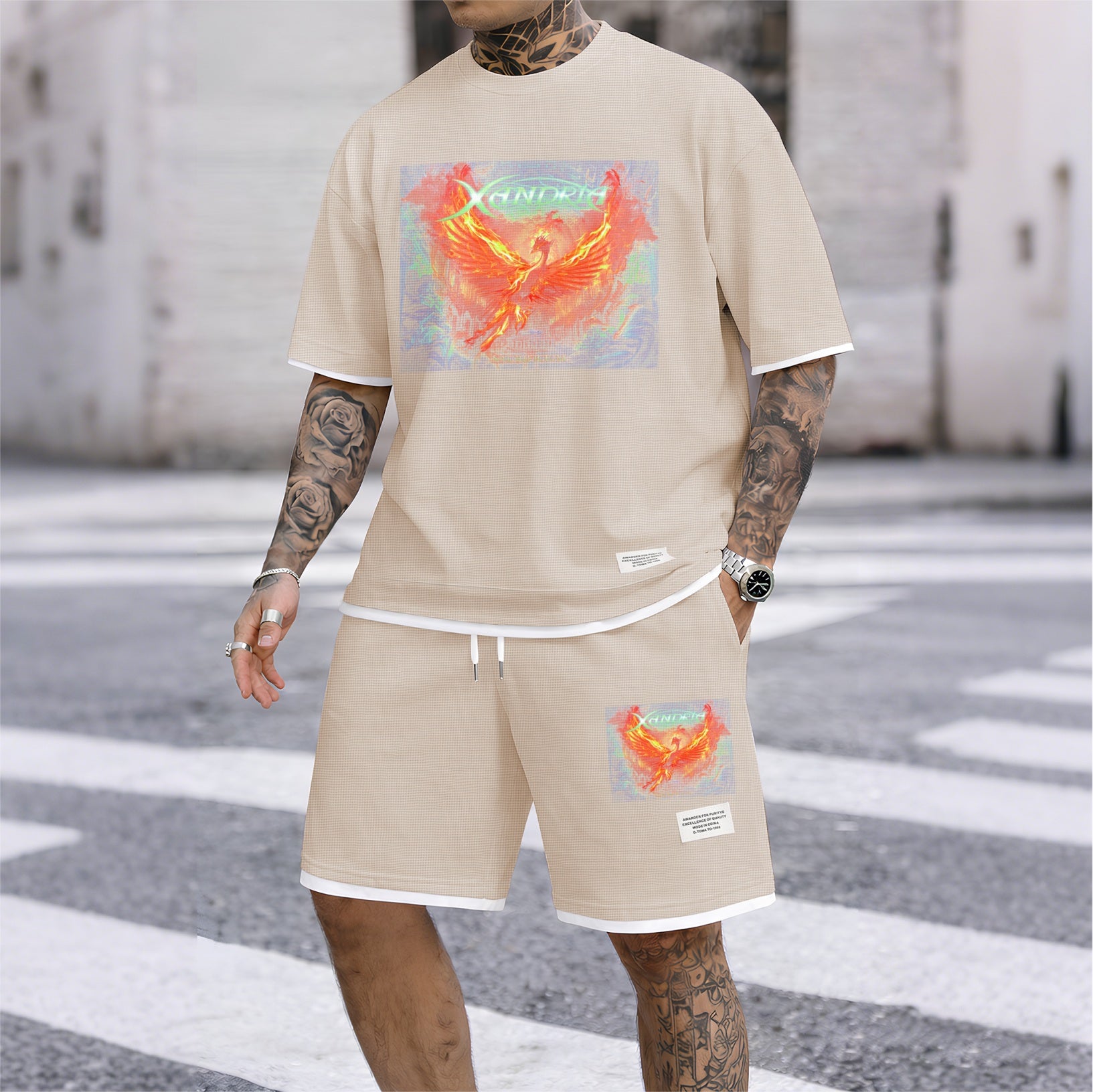 Men's Phoenix Graphic Print Short Sleeve Shirt and Drawstring Shorts Set, Casual Summer Two-Piece Outfit, Lightweight Breathable Relaxed Fit Athletic Set for Daily Wear, Beach, Vacation, Travel and Loungewear
