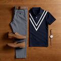 Men's Casual Black V-Shape Printed Polo Shirt And Pants Two-Piece Set