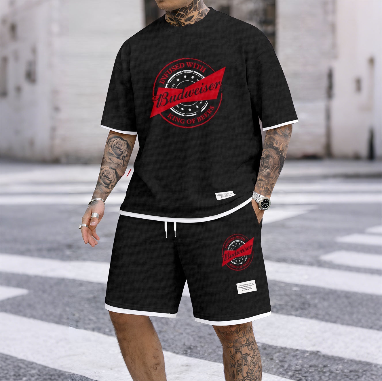 Men's BBQ Life Companion Print Waffle Fabric Short-Sleeved Shirt And Shorts Set