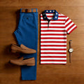 Men's 250Th Anniversary Red & White Striped Printed Short Sleeved Polo Shirt & Trousers Two-Piece Set