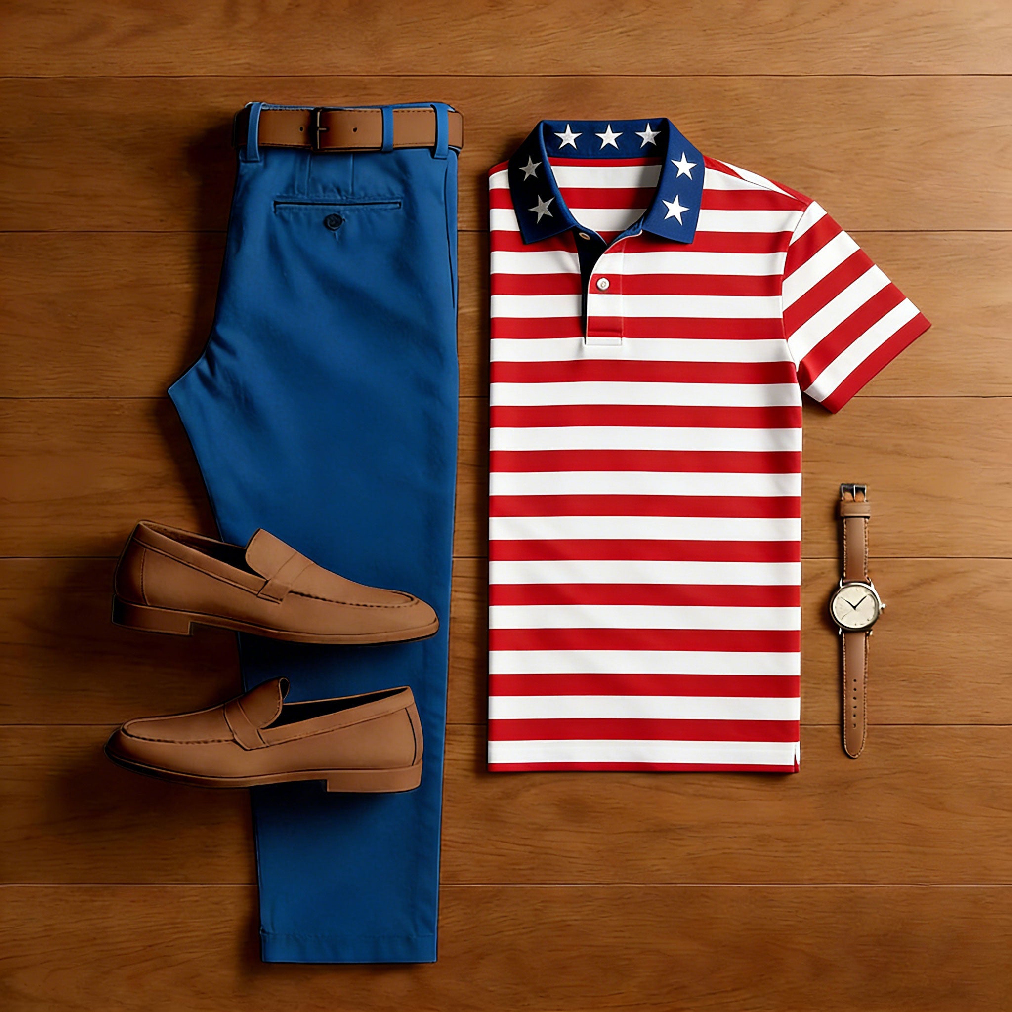Men's 250Th Anniversary Red & White Striped Printed Short Sleeved Polo Shirt & Trousers Two-Piece Set