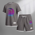 Men's Gradient Wolf & Moon Graphic Print Waffle Short Sleeve T-Shirt & Shorts Set, Summer Lightweight Sporty Casual Two-Piece Outfit, Streetwear for Gym & Daily Wear