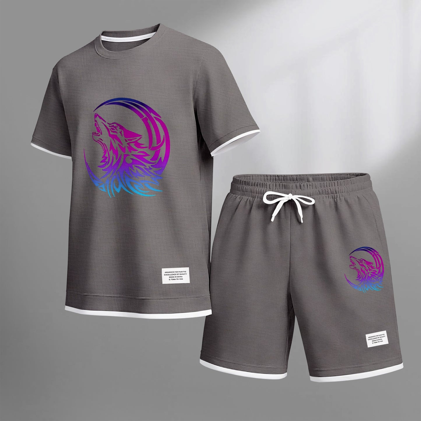 Men's Gradient Wolf & Moon Graphic Print Waffle Short Sleeve T-Shirt & Shorts Set, Summer Lightweight Sporty Casual Two-Piece Outfit, Streetwear for Gym & Daily Wear
