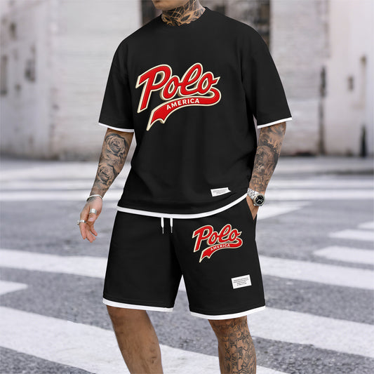 Men's American-style printed drawstring shorts set is ideal for spring and summer. This casual summer outfit includes a short-sleeved shirt and shorts, suitable for everyday wear and athletic activities.