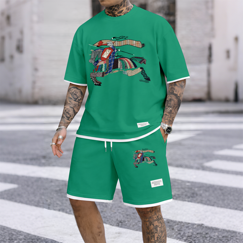 Men's Casual Style Knight Print Waffle Fabric Short-Sleeved Shirt And Shorts Set