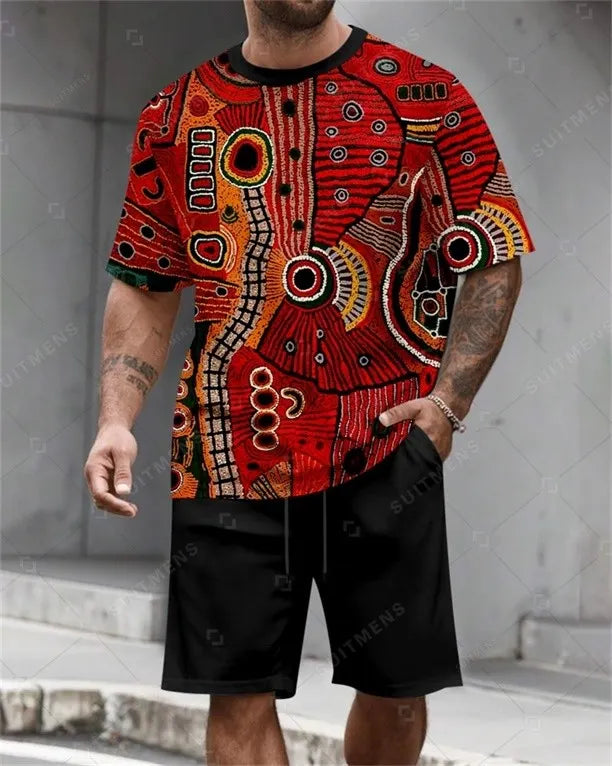 Men's Summer Colorblock Printed Round Neck Set 811