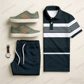 Men's Casual Dark Green & White Color Matching Striped Printed Short Sleeved Polo Shirt & Trousers Two-Piece Set