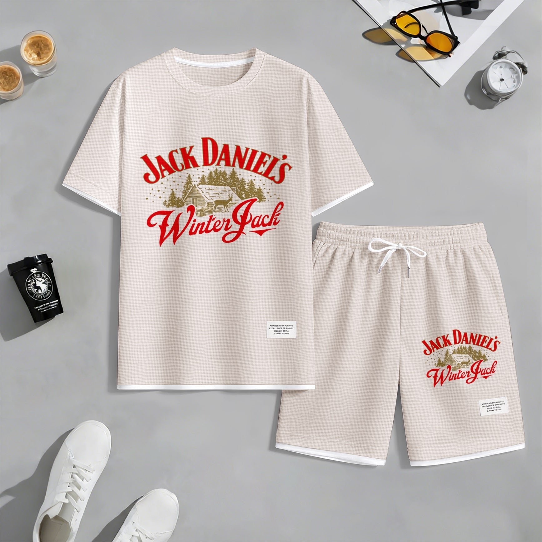 Men's Beer And Beverage Printed Drawstring Shorts Set, Suitable For Spring And Summer Wear, Casual Summer Set, Including Short-Sleeved Shirt And Shorts, Suitable For Everyday Wear And Sports 08